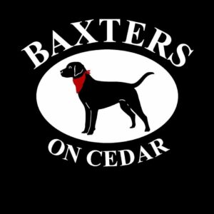 Baxter’s on Cedar official logo Baxter’s on Cedar logo with a black Labrador wearing a red bandana