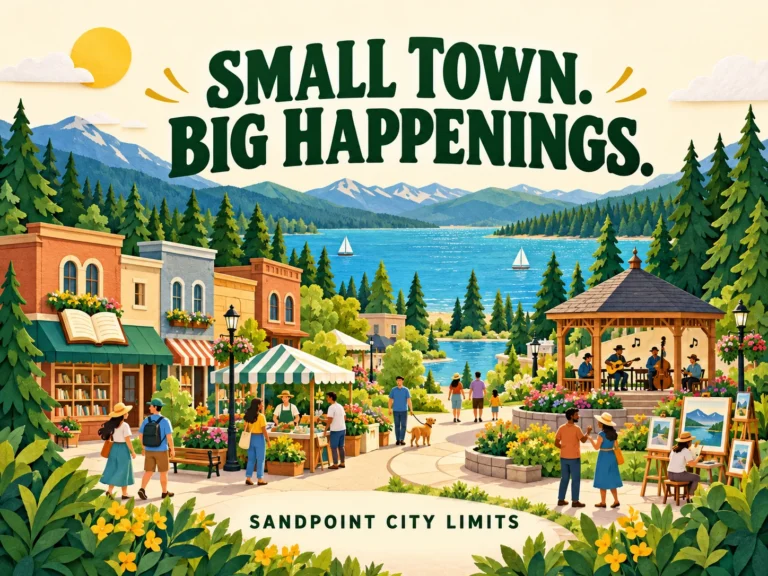 Small town. Big happenings. — Sandpoint City Limits. Illustrated lakeside town with music, markets, books and art.