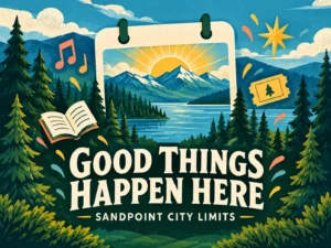Good things happen here — Sandpoint City Limits. Illustrated mountains, lake and community event icons.
