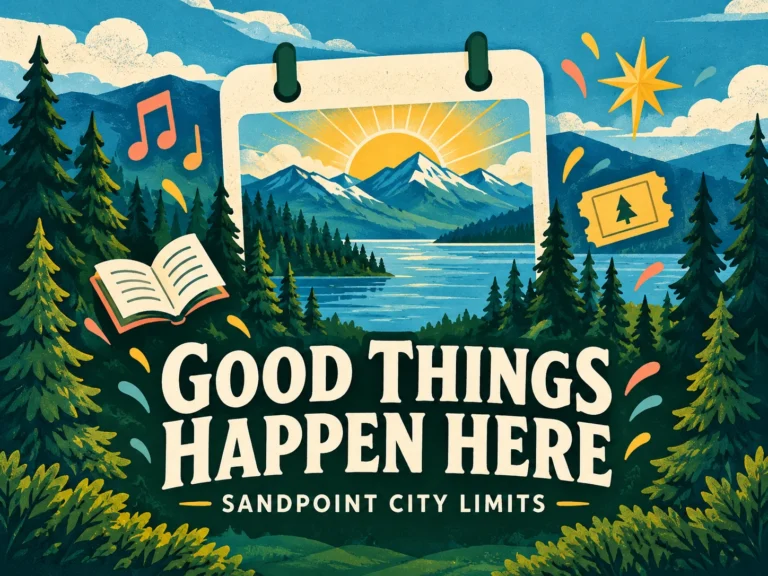 Good things happen here — Sandpoint City Limits. Illustrated mountains, lake and community event icons.